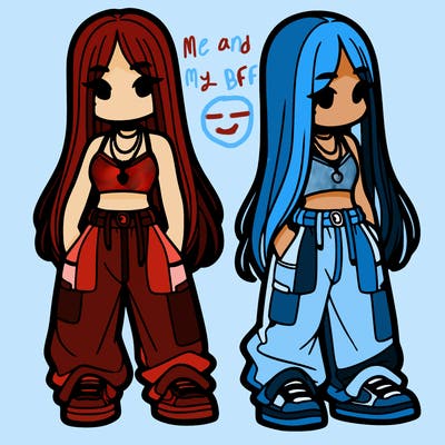 girl in baggy pants crop top and long hair