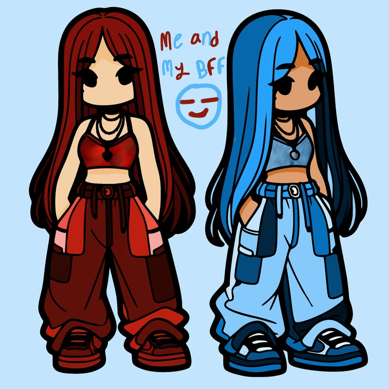 girl in baggy pants crop top and long hair