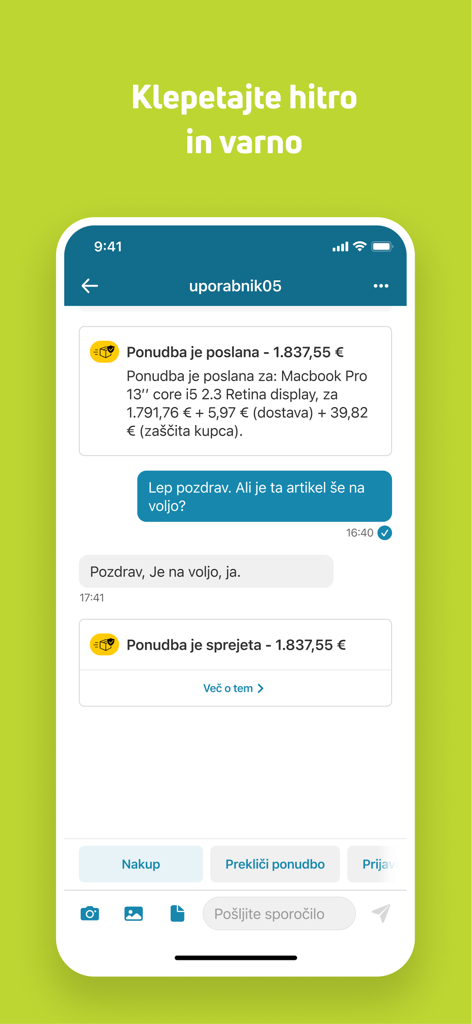 bolha.com - Screenshot of the bolha.com app interface showing a secure chat conversation between a buyer and a seller with an accepted offer.