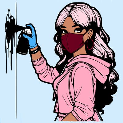 realistic girl with mask spray painting a wall