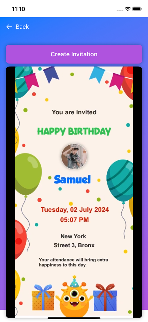 Birthday Invitation Maker ! - A colorful birthday party invitation for a child named Samuel featuring balloons and festive graphics.
