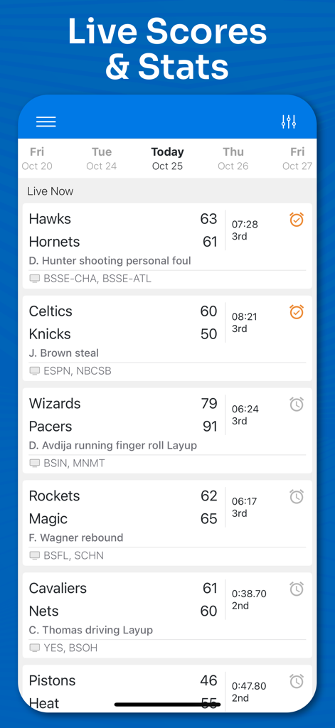 Real-time NBA basketball scores and live game updates on the Superfan Sports app interface.