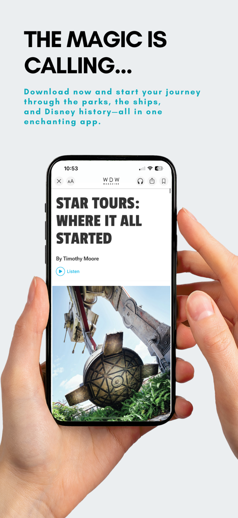 WDW Magazine - A smartphone displaying an article about the history of Star Tours in the WDW Magazine app.