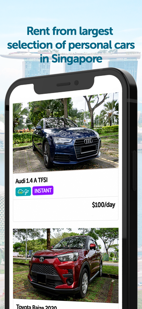 Drive lah mobile app displaying personal car rental listings in Singapore