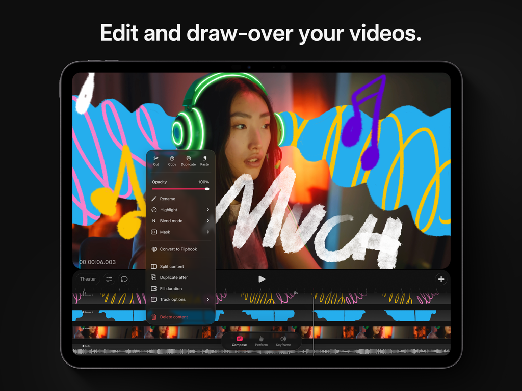 Procreate Dreams - Interfaz de Procreate Dreams en iPad mostrando animaciones dibujadas a mano superpuestas en una pista de video en una línea de tiempo multitarea.