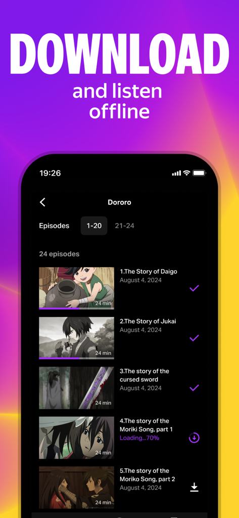 Yango Play: Movies and series - Interfaz móvil de Yango Play que muestra una lista de episodios de anime con opciones para descargar y ver sin conexión.
