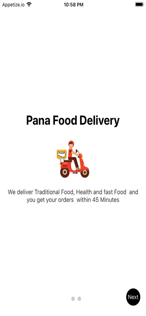 Pana Food - Pana Food app onboarding screen featuring a delivery person on a red scooter and details about fast healthy food delivery