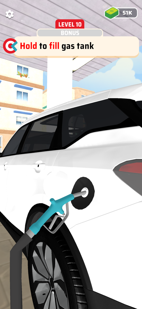 A gameplay screenshot of Clutch Hero showing a white SUV being refueled at a gas station during a bonus level.
