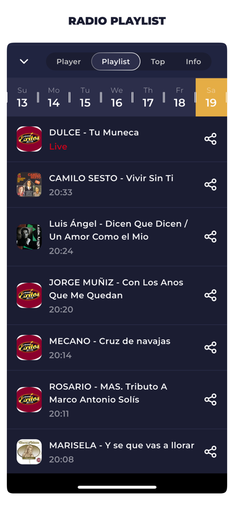 Radio Honduras Live FM AM - Radio Honduras app playlist displaying a list of recently played songs and artists with timestamps