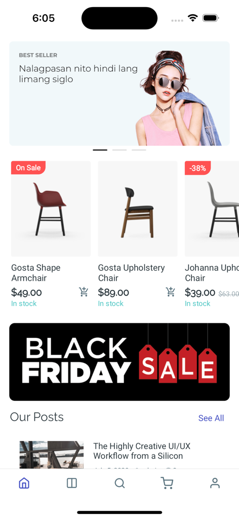 Esypay Joomla - Mobile interface of Esypay Joomla app featuring a furniture marketplace and a Black Friday sale banner
