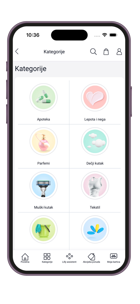 A mobile screen from the Lilly Drogerie app displaying various shopping categories including pharmacy beauty perfume and baby products