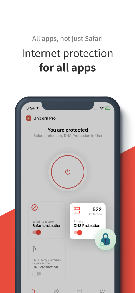 iPhoneに表示されるUnicorn Proアプリのインターフェースで、DNSとSafari保護がアクティブなすべてのアプリのインターネット保護を示しています