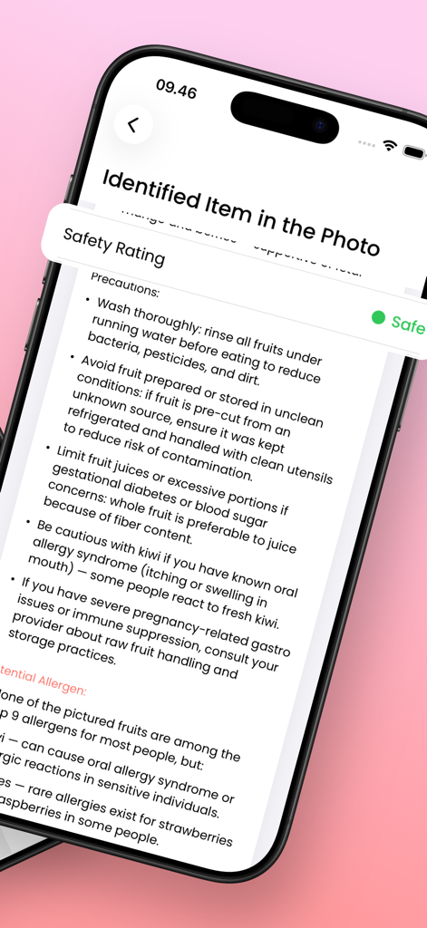 Pregnancy Food Buddy – AI Scan - Smartphone screen showing pregnancy food safety results with precautions and allergen information