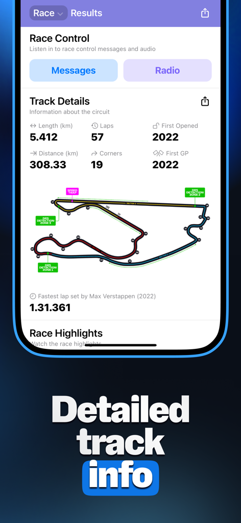 Race Widgets for F1 - A mobile screen showing detailed track information for an F1 race, including a circuit map, track length, lap count, and fastest lap record.