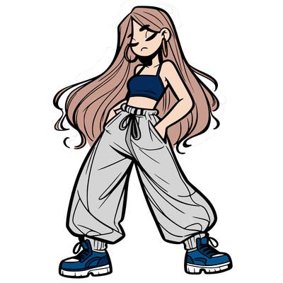 girl in baggy pants crop top and long hair