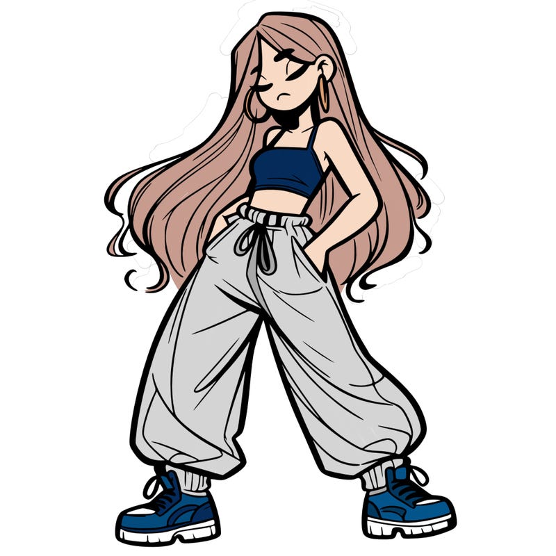 girl in baggy pants crop top and long hair