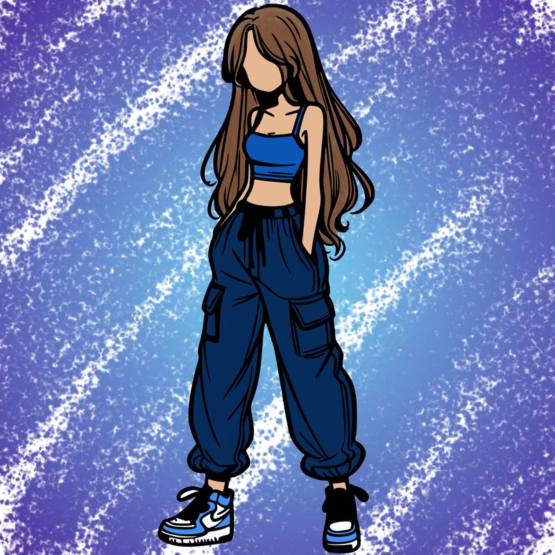 girl in baggy pants crop top and long hair