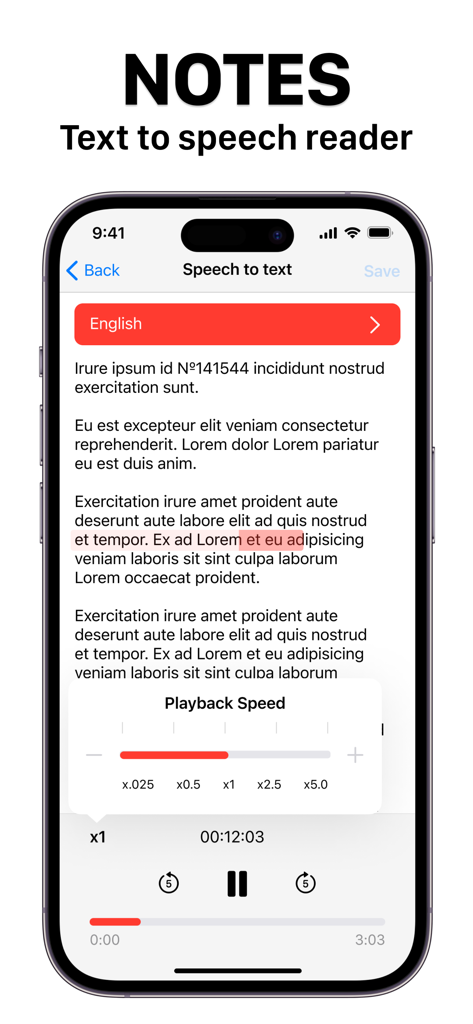 Voice Recorder & Memos - Voice Recorder and Memos app interface showing text to speech reader and notes with playback speed controls