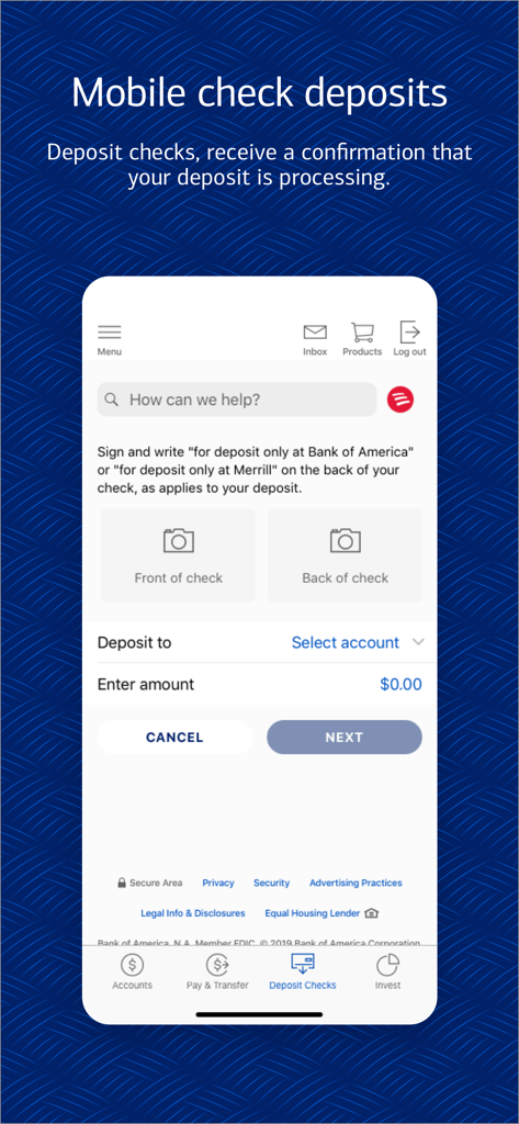 Interface of the Bank of America mobile app showing the mobile check deposit feature with options to photograph the front and back of a check.
