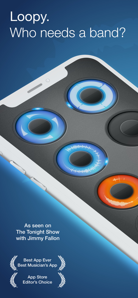 Loopy HD app interface on an iPhone showing circular audio loops with waveforms and award badges