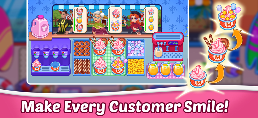 A gameplay screen from Ice Cream Fever showing an ice cream shop where customers wait for colorful sundaes and drinks