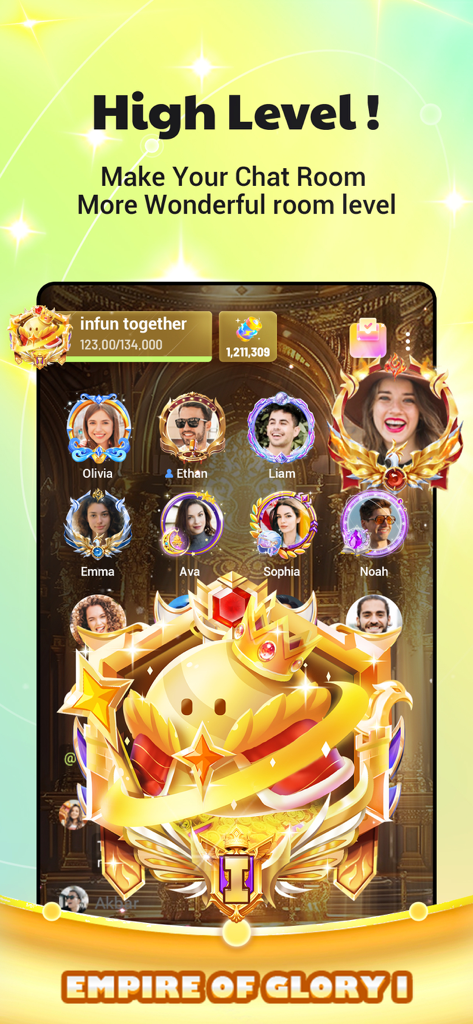 infun: Group Voice Chat Rooms - グループボイスチャットルームのインターフェース。高いルームレベルと「Empire of Glory」のプレステージ報酬が表示されています。