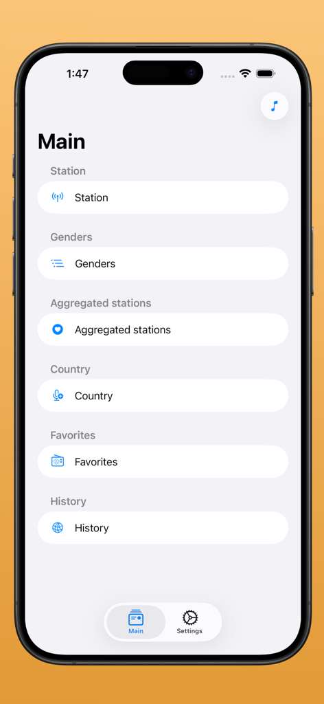 Radio FM & AM Streaming - Interfaz del menú principal de la aplicación eRadios con opciones para estaciones, géneros y países.