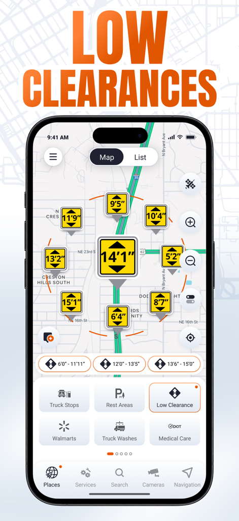 Trucker Guide: Truck GPS Maps - Kartenansicht der Trucker Guide App mit Warnungen vor niedrigen Durchfahrtshöhen und LKW-Navigationsalarmen.