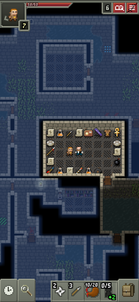 Uma visão de cima para baixo de um personagem em uma sala de masmorra em pixel art, cercado por vários itens.