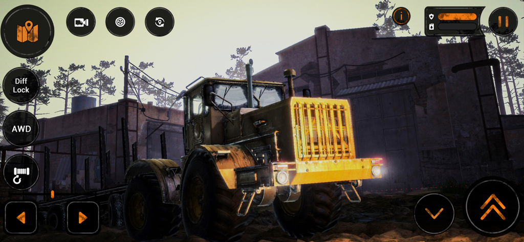 MudRunner Mobile - A large yellow heavy duty tractor truck parked in front of an industrial building in MudRunner Mobile