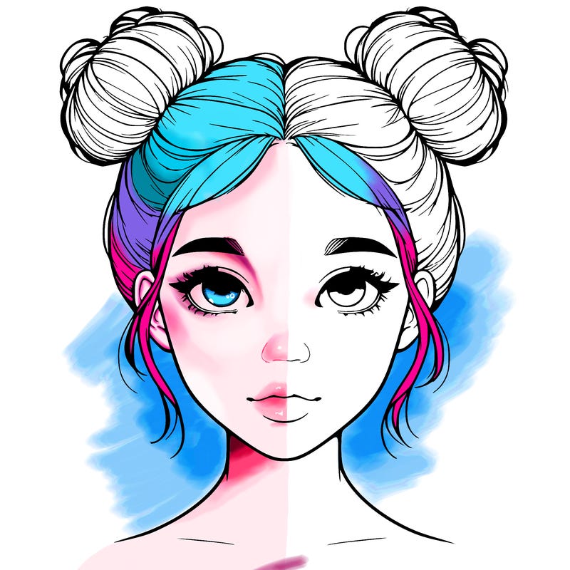 realistic girl with two buns on top of her head