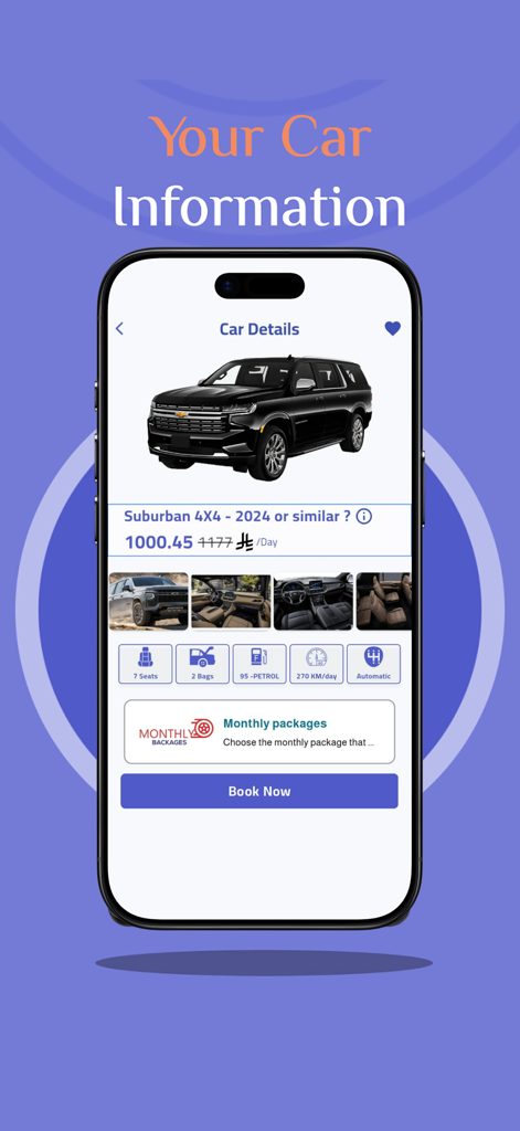 Pantalla de la aplicación móvil que muestra los detalles del coche para un Chevrolet Suburban, incluyendo el precio del alquiler y las especificaciones del vehículo