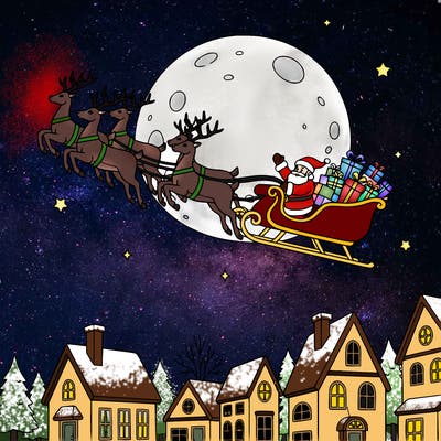 santa sleigh presents reindeers! night sky moon houses