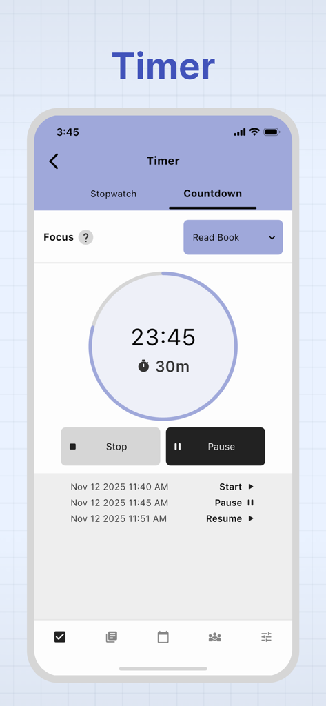 A mobile interface of the HelloHabit app showing a 30-minute countdown timer for a reading habit with a detailed activity log.