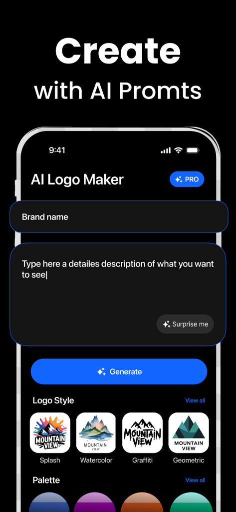 AI Logo Maker & Art Generator - AI Logo Maker app screen showing the prompt input for brand name and description with logo style selections