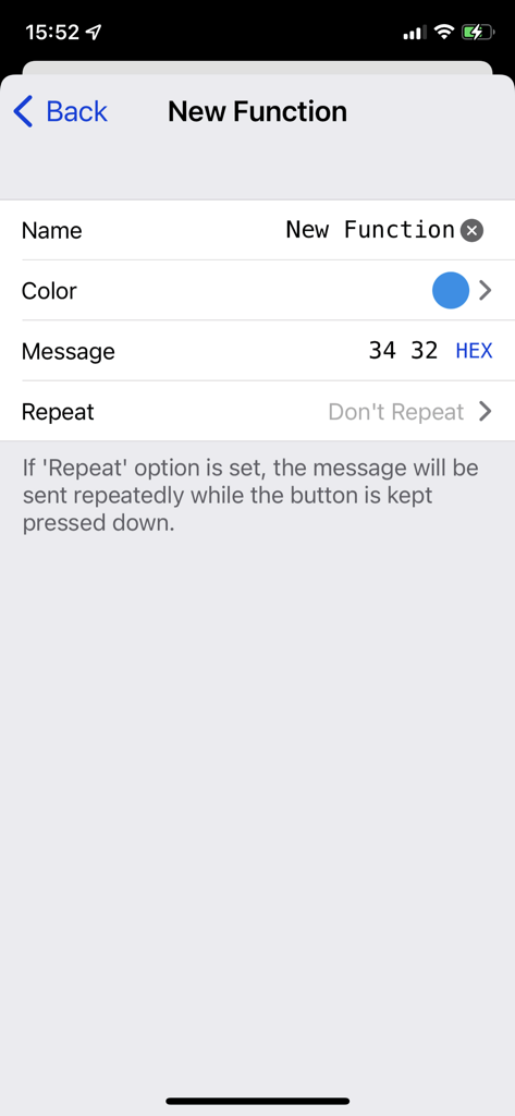 BLESerial HM-10 - A mobile app screen for creating a new programmable button function including HEX message input and color selection.
