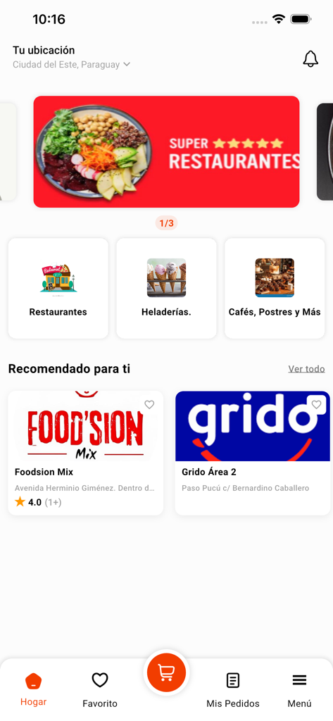 Aguara Deliveryアプリのメインインターフェース。スペイン語で地元のレストランカテゴリと店舗のおすすめが表示されます。