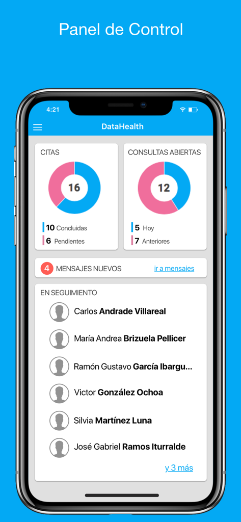 DataHealth - Panel de control de la aplicación móvil DataHealth que muestra gráficos de citas médicas y listas de seguimiento de pacientes.