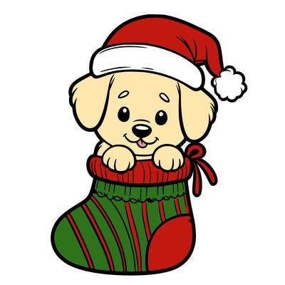 cute puppy wearing santa hat in socking