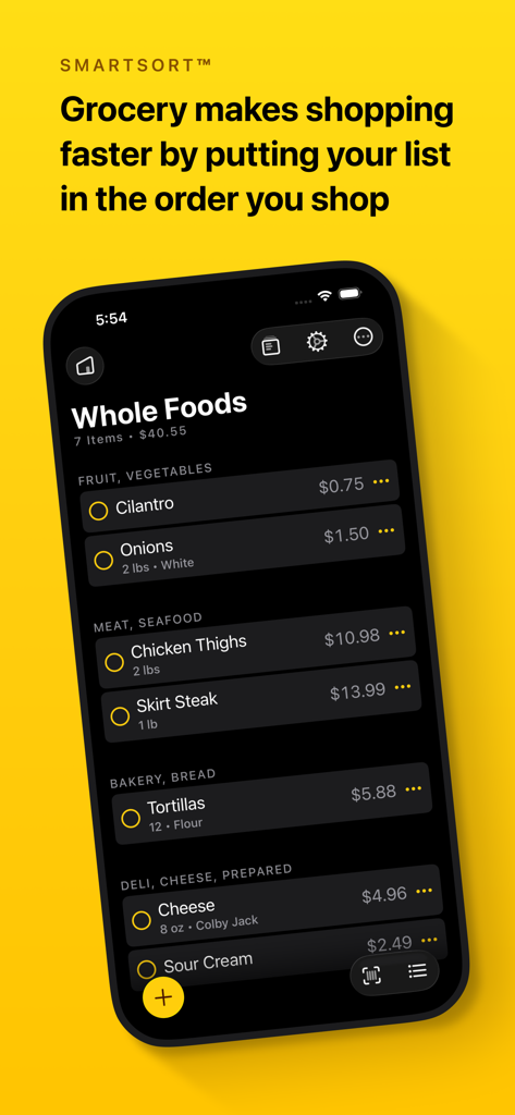 Grocery - Smart Shopping List - Un iPhone mostrando la aplicación Grocery con una lista de compras para Whole Foods organizada en categorías como productos y carnes utilizando la función SmartSort.