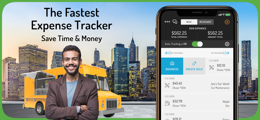 Hurdlr Mileage, Expenses & Tax - Hurdlr App-Oberfläche zeigt Spesenabrechnung neben einem lächelnden Food-Truck-Besitzer