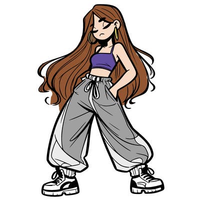 girl in baggy pants crop top and long hair
