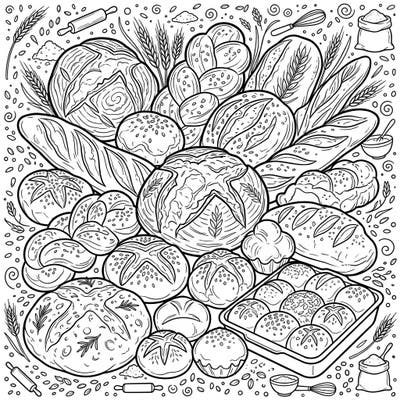 Explore a delightful spread of breads and savory baked goods in this intricate coloring page, designed specifically to engage teenage artists. Perfect for those who love detailed designs and the comforting theme of delicious treats.