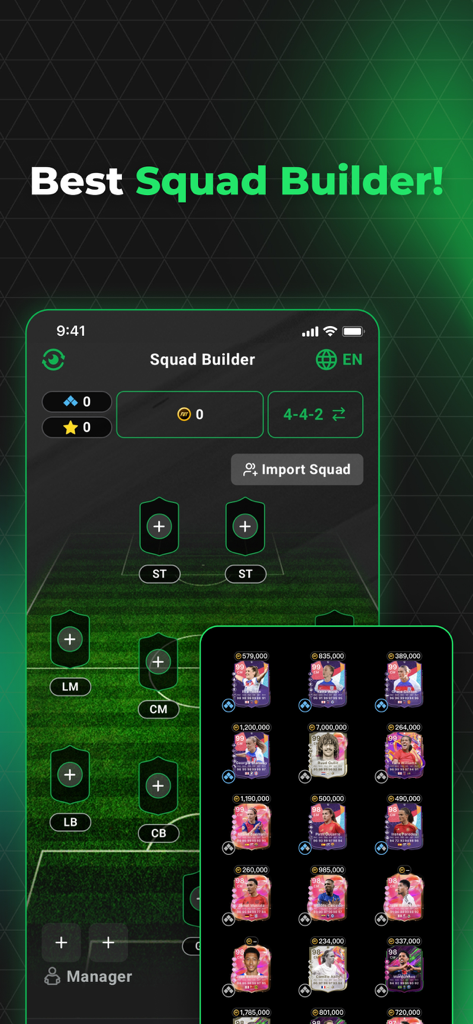 Interface of the FUT 26 Card Creator app showing the squad builder feature with a soccer formation and player cards.