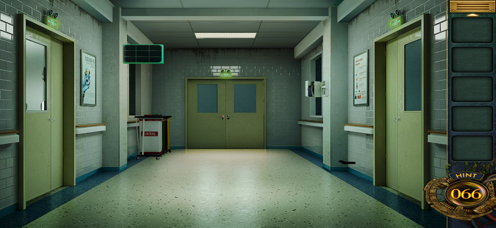 Escape Room:Mysterious train - Clinical hospital hallway scene with green doors and puzzle interface in Escape Room Mysterious Train game.