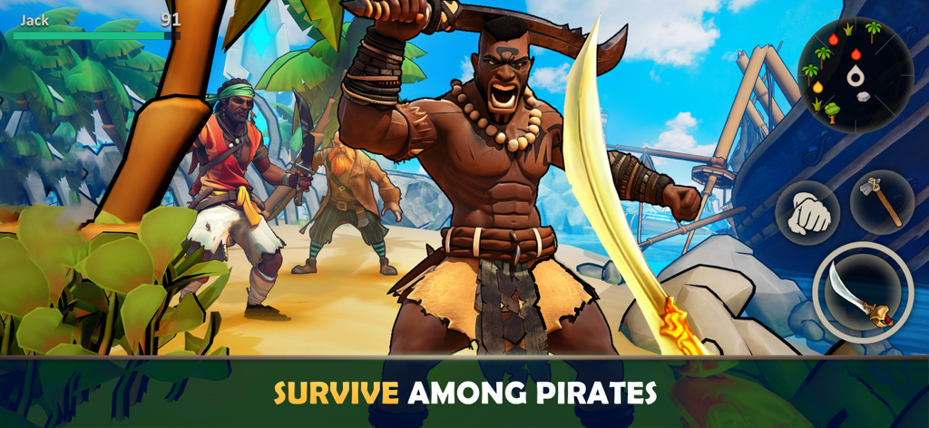 Survival Island: EVO 2 Game - Un guerrero con una espada está en una playa tropical con piratas en Survival Island EVO 2