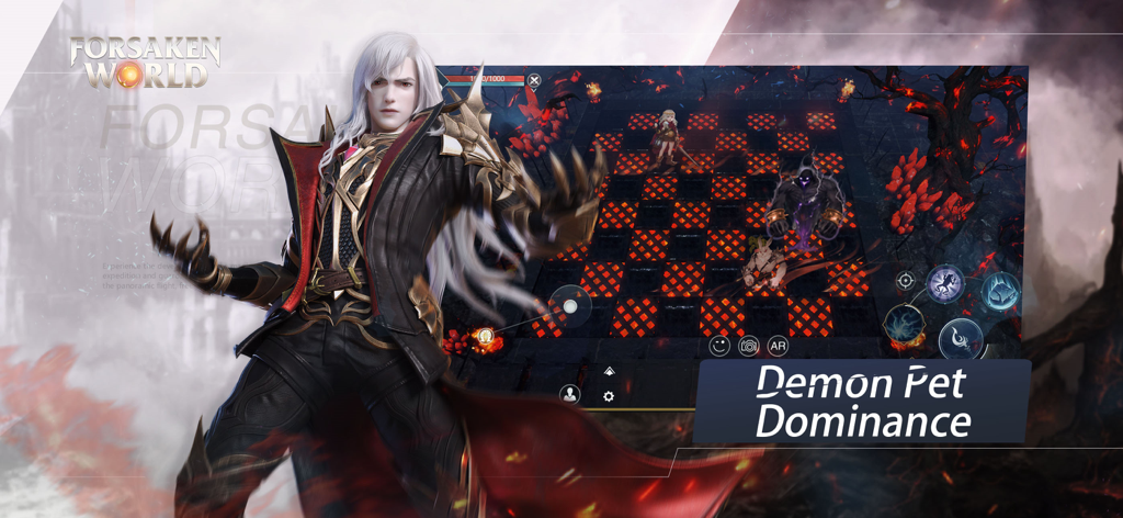 Forsaken World:Gods and Demons - Un guerrero de fantasía de pelo blanco y una mascota demoníaca táctica combatiendo en Forsaken World Gods and Demons