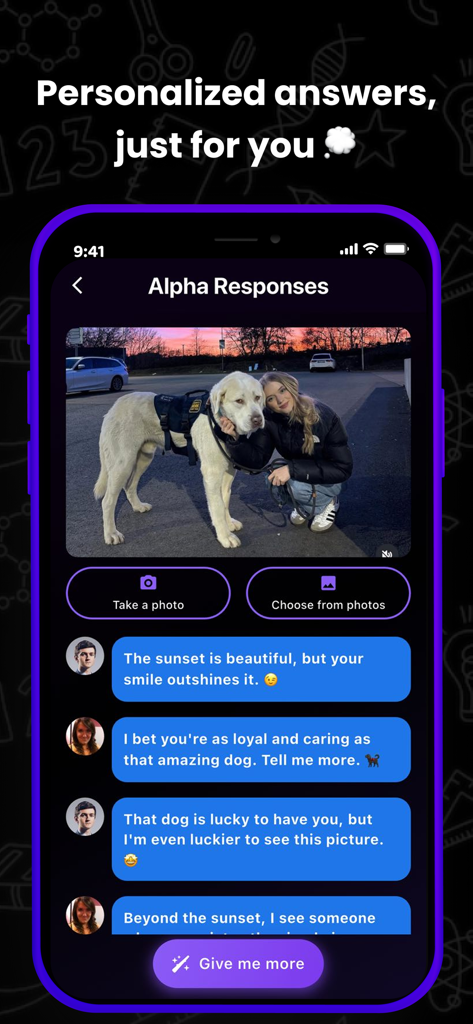 A screenshot of Flami AI app showing personalized text response options for a dating profile photo