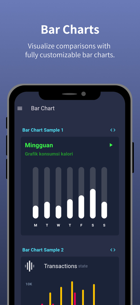 FL Chart - A mobile app screen showcasing interactive and customizable bar chart examples for Flutter developers.
