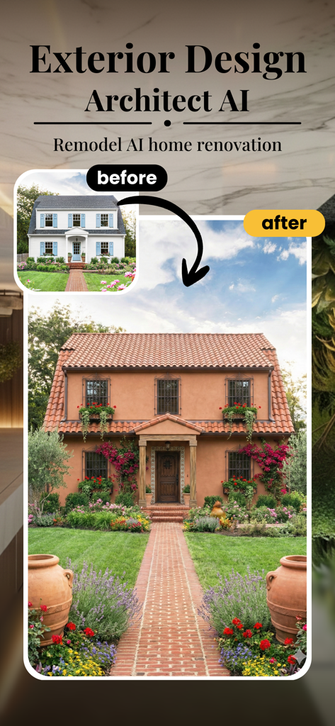 House AI - Interior Design Pro - Before and after comparison of a house exterior design showing a white colonial house transformed into a Mediterranean style using AI